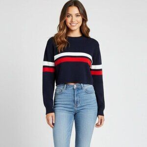Bluenotes Women's Sweater Top Knit Cropped Stripe Long sleeve Navy Blue Medium